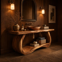 Bathroom vanity with a thick slab top on a sculpted loop base in an evening bathroom with walnut wall paneling