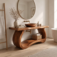 Bathroom vanity with a thick slab top on a sculpted loop base in a Scandinavian bathroom with white walls