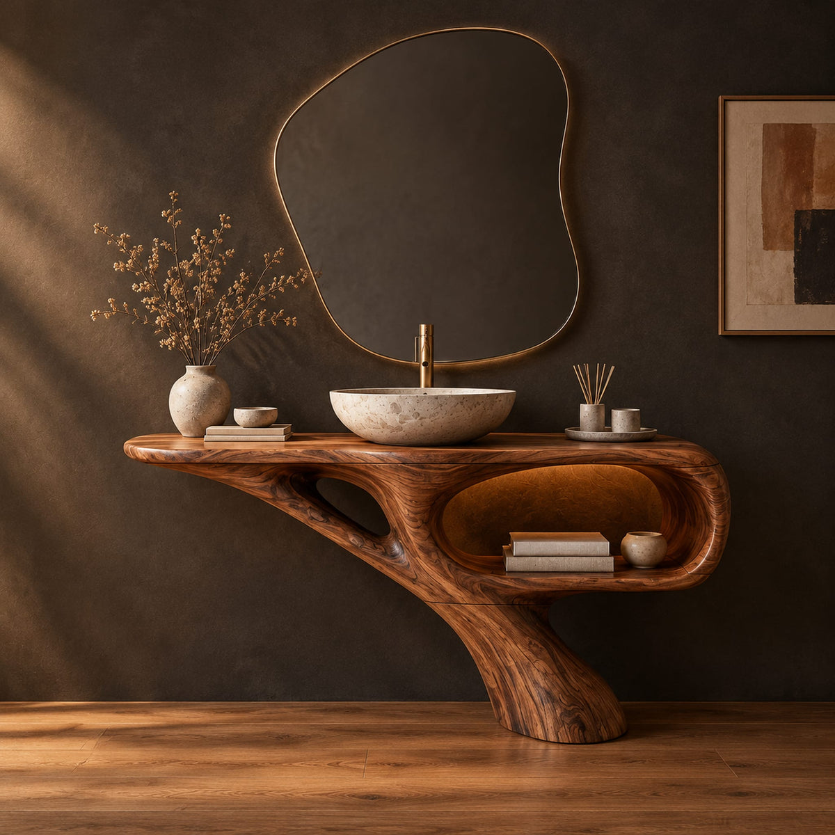 Bathroom vanity with a sculpted pedestal foot and an open oval niche in a dark studio against a charcoal plaster wall