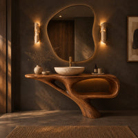 Bathroom vanity with a sculpted pedestal foot and an open oval niche in a dark bathroom at golden hour