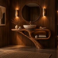 Bathroom vanity with a sculpted pedestal foot and an open oval niche in an evening bathroom with walnut wall paneling
