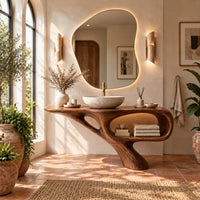 Bathroom vanity with a sculpted pedestal foot and an open oval niche in a bright bathroom with arched windows and plants