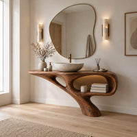 Bathroom vanity with a sculpted pedestal foot and an open oval niche in a Scandinavian bathroom with white walls