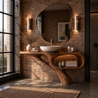 Bathroom vanity with a sculpted pedestal foot and an open oval niche in an industrial loft bathroom with exposed brick