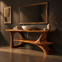 Bathroom vanity with sculpted tree limb legs and a wide lower shelf, three-quarter view showing the grain