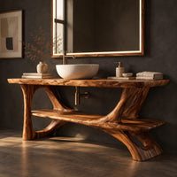 Corner detail of bathroom vanity with sculpted tree limb legs and a wide lower shelf beside wood, brass and linen samples
