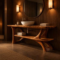 Bathroom vanity with sculpted tree limb legs and a wide lower shelf in an evening bathroom with walnut wall paneling