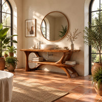 Bathroom vanity with sculpted tree limb legs and a wide lower shelf in a bright bathroom with arched windows and plants