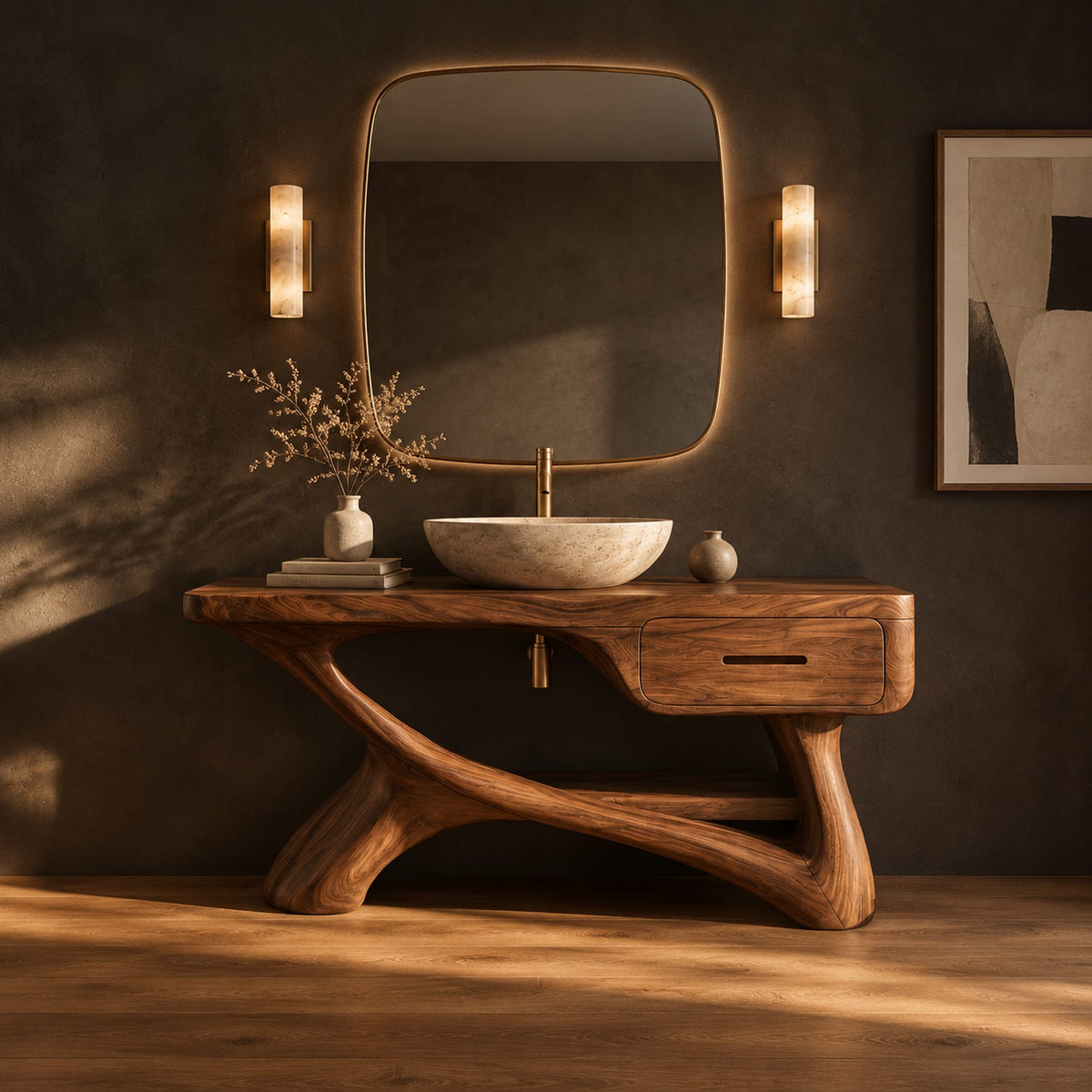 Bathroom vanity with a thick top, single drawer and twisting trunk base in a dark studio against a charcoal plaster wall