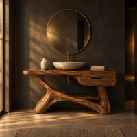 Bathroom vanity with a thick top, single drawer and twisting trunk base in a dark bathroom at golden hour
