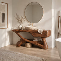 Bathroom vanity with a thick top, single drawer and twisting trunk base in a Scandinavian bathroom with white walls
