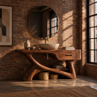 Bathroom vanity with a thick top, single drawer and twisting trunk base in an industrial loft bathroom with exposed brick