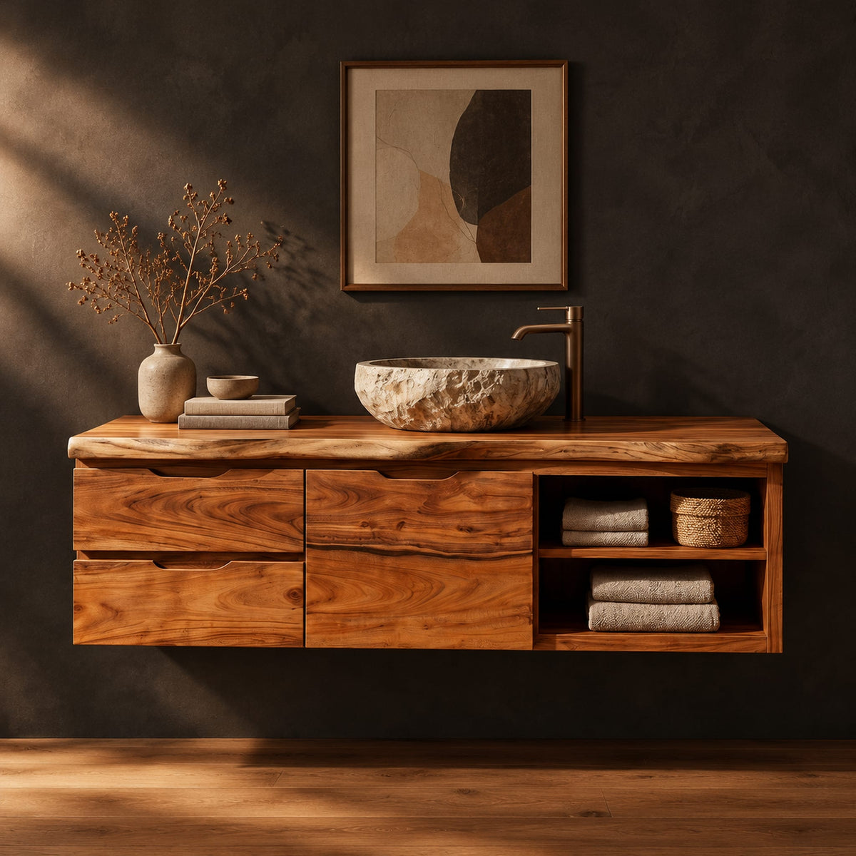 Floating cabinet with stacked wood fronts and open two level shelving in a dark studio against a charcoal plaster wall