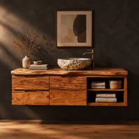 Floating cabinet with stacked wood fronts and open two level shelving in a dark studio against a charcoal plaster wall
