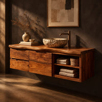 Floating cabinet with stacked wood fronts and open two level shelving, three-quarter view showing the grain