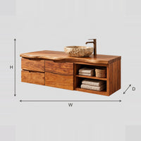 Bathroom Vanity With Stacked Wood Fronts And Two Level Open Shelving dimension diagram with width, height and depth