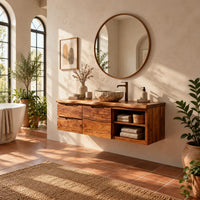 Floating cabinet with stacked wood fronts and open two level shelving in a bright bathroom with arched windows and plants
