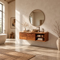 Floating cabinet with stacked wood fronts and open two level shelving in a bright open plan bathroom