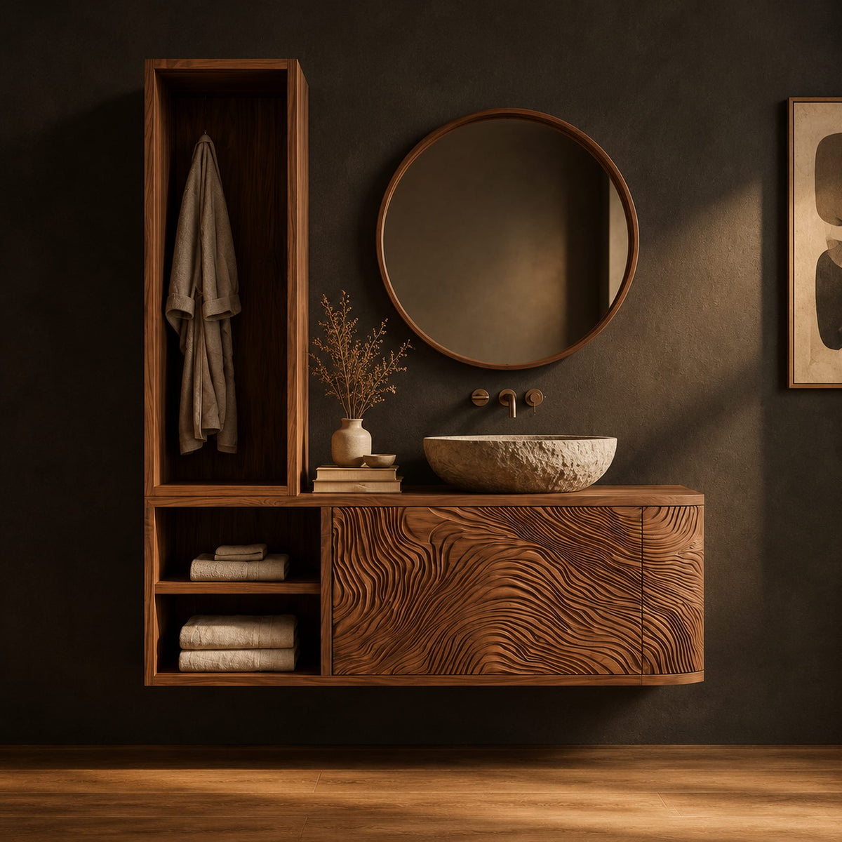 Floating cabinet with tall open tower and carved flowing line front in a dark studio against a charcoal plaster wall