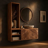 Floating cabinet with tall open tower and carved flowing line front, three-quarter view showing the grain