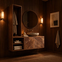Floating cabinet with tall open tower and carved flowing line front in an evening bathroom with walnut wall paneling