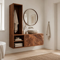 Floating cabinet with tall open tower and carved flowing line front in a Scandinavian bathroom with white walls