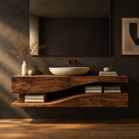 Bathroom vanity with a thick wood top and an open wavy lower shelf in a dark studio against a charcoal plaster wall