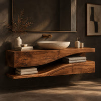 Bathroom vanity with a thick wood top and an open wavy lower shelf, three-quarter view showing the grain