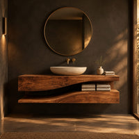 Bathroom vanity with a thick wood top and an open wavy lower shelf in a dark bathroom at golden hour