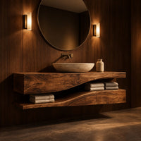 Bathroom vanity with a thick wood top and an open wavy lower shelf in an evening bathroom with walnut wall paneling