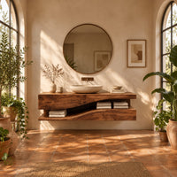 Bathroom vanity with a thick wood top and an open wavy lower shelf in a bright bathroom with arched windows and plants