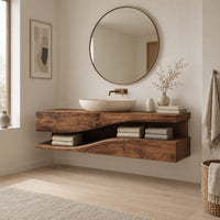 Bathroom vanity with a thick wood top and an open wavy lower shelf in a Scandinavian bathroom with white walls