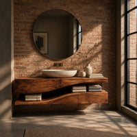 Bathroom vanity with a thick wood top and an open wavy lower shelf in an industrial loft bathroom with exposed brick