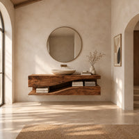 Bathroom vanity with a thick wood top and an open wavy lower shelf in a bright open plan bathroom