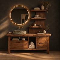 Bathroom vanity with three drawers, an open bay and a tall shelf tower in a dark studio against a charcoal plaster wall