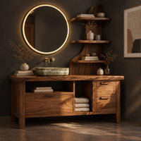 Bathroom vanity with three drawers, an open bay and a tall shelf tower, three-quarter view showing the grain