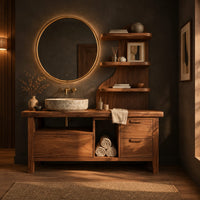 Bathroom vanity with three drawers, an open bay and a tall shelf tower in a dark bathroom at golden hour