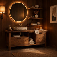 Bathroom vanity with three drawers, an open bay and a tall shelf tower in an evening bathroom with walnut wall paneling