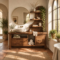 Bathroom vanity with three drawers, an open bay and a tall shelf tower in a bright bathroom with arched windows and plants
