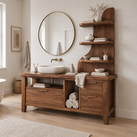 Bathroom vanity with three drawers, an open bay and a tall shelf tower in a Scandinavian bathroom with white walls