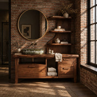Bathroom vanity with three drawers, an open bay and a tall shelf tower in an industrial loft bathroom with exposed brick