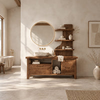 Bathroom vanity with three drawers, an open bay and a tall shelf tower in a bright open plan bathroom