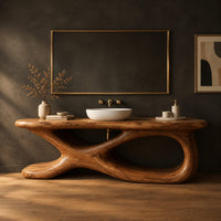 Freestanding bathroom vanity with a twisting loop base and plank top in a dark studio against a charcoal plaster wall