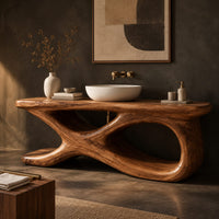 Corner detail of freestanding bathroom vanity with a twisting loop base and plank top beside wood, brass and linen samples