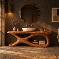 Freestanding bathroom vanity with a twisting loop base and plank top in a dark bathroom at golden hour