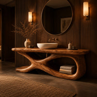 Freestanding bathroom vanity with a twisting loop base and plank top in an evening bathroom with walnut wall paneling