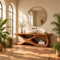 Freestanding bathroom vanity with a twisting loop base and plank top in a bright bathroom with arched windows and plants