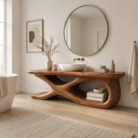 Freestanding bathroom vanity with a twisting loop base and plank top in a Scandinavian bathroom with white walls