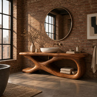Freestanding bathroom vanity with a twisting loop base and plank top in an industrial loft bathroom with exposed brick