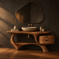 Sculpted bathroom vanity with a loop base and a two drawer box, three-quarter view showing the grain